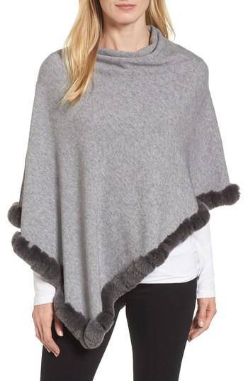 Women's La Fiorentina Angled Poncho With Genuine Rabbit Fur Trim, Size - Grey