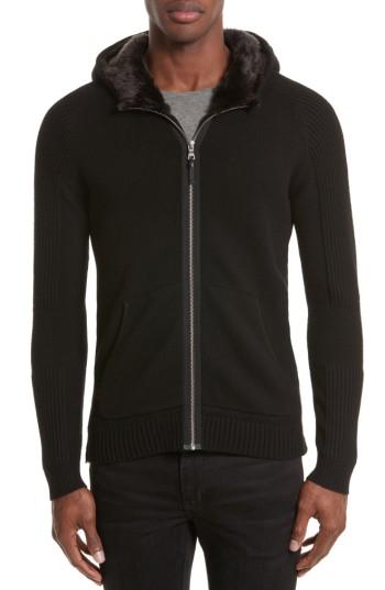 Men's The Kooples Knit Zip Hoodie With Faux Fur Trim - Black