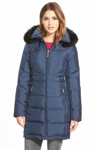 Women's Ellen Tracy Genuine Fox Fur Trim Down Parka - Blue