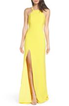 Women's La Femme Open Back Jersey Halter Gown - Yellow