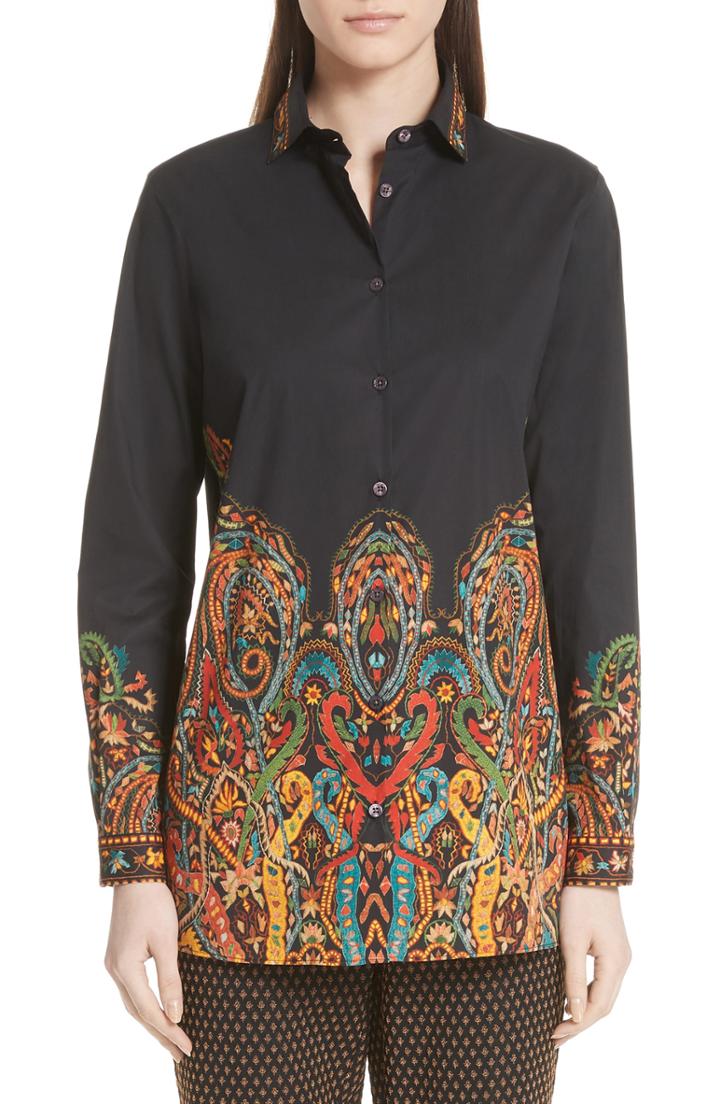 Women's Etro Scrolling Paisley Print Stretch Cotton Top Us / 42 It - Black