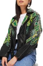 Women's Topshop Jungle Embellished Leather Moto Jacket Us (fits Like 0-2) - Black
