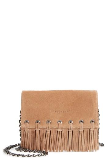 Women's Longchamp Paris Rocks Fringe Calfskin Suede Crossbody Bag - Beige
