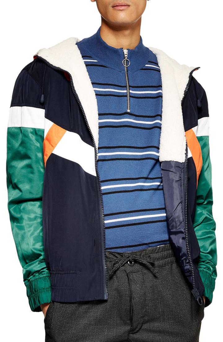 Men's Topman Fleece Lined Hooded Track Jacket - Blue