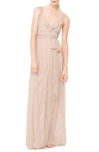 Women's Ceremony By Joanna August 'lacey' Ruffle Wrap Lace Dress - Beige