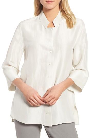 Women's Eileen Fisher Silk Georgette Crepe Stand Collar Shirt, Size - Ivory