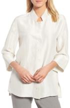 Women's Eileen Fisher Silk Georgette Crepe Stand Collar Shirt, Size - Ivory