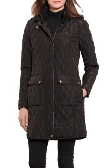 Women's Lauren Ralph Lauren Diamond Quilted Coat With Faux Leather Trim - Black