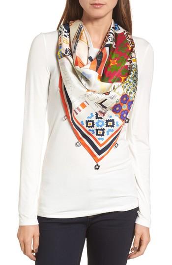 Women's Tory Burch Scrapbook Fringed Silk Scarf, Size - White