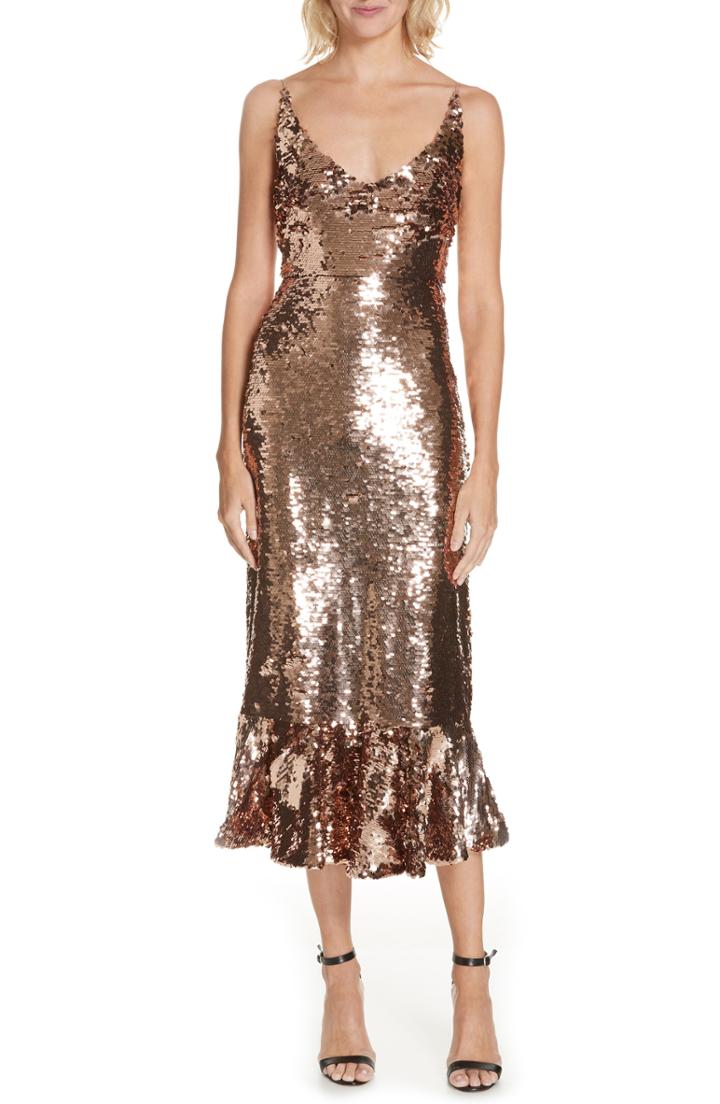 Women's Saloni Aidan Sequin Ruffle Hem Midi Dress - Metallic