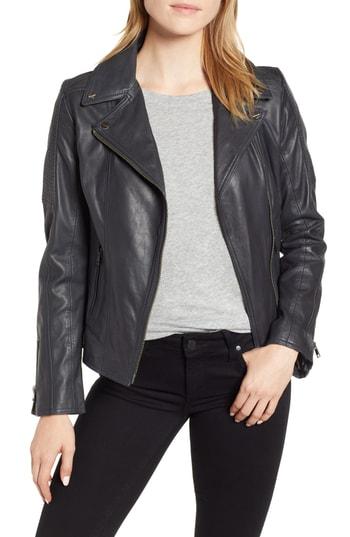 Women's Lamarque Stitch Detail Lambskin Biker Jacket - Grey