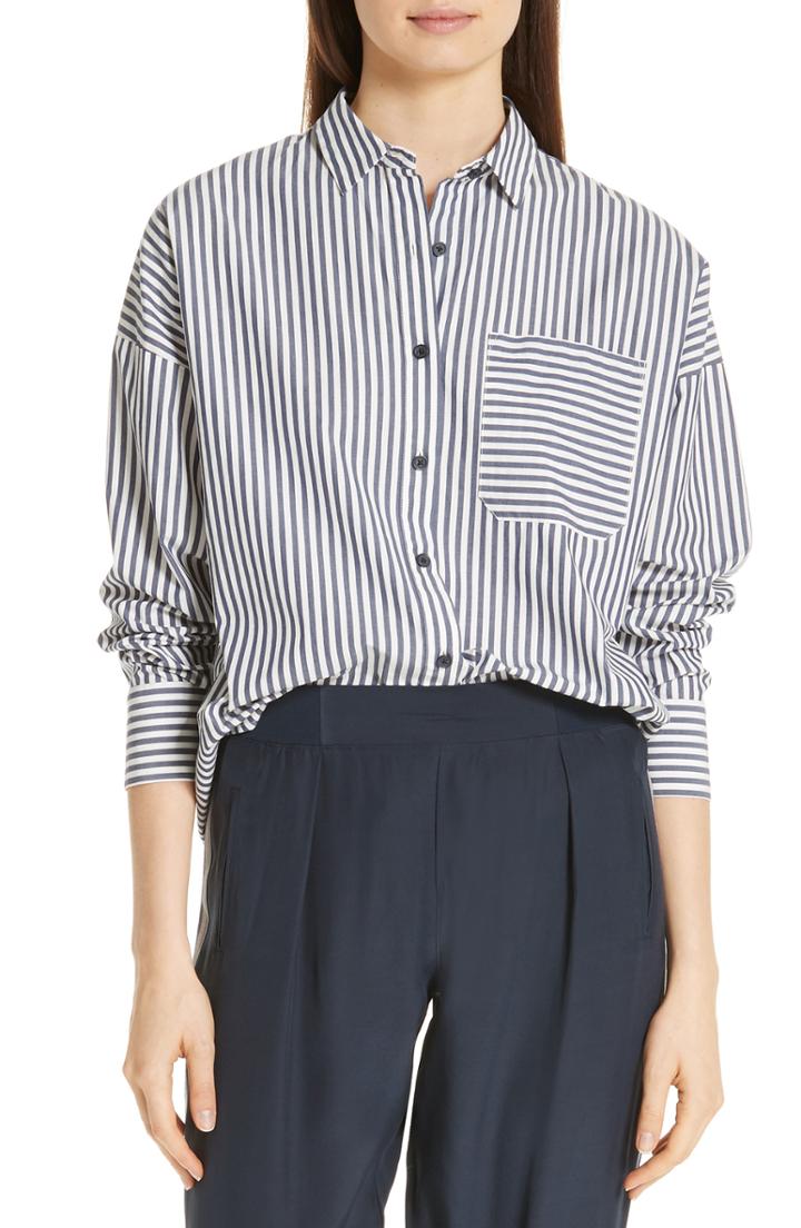 Women's Atm Anthony Thomas Melillo Railroad Stripe Boyfriend Shirt - Blue