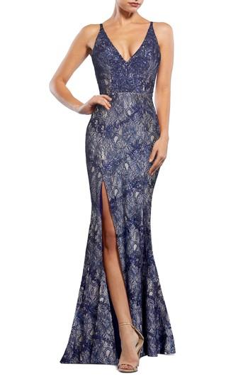 Women's Dress The Population Iris Plunging Lace Trumpet Gown - Blue