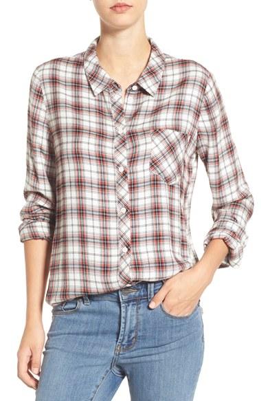Women's Sanctuary Plaid Boyfriend Shirt - White