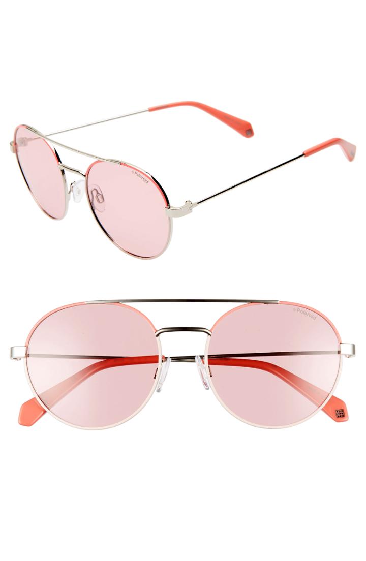 Women's Polaroid 55mm Polarized Round Aviator Sunglasses - Pink/ Silver