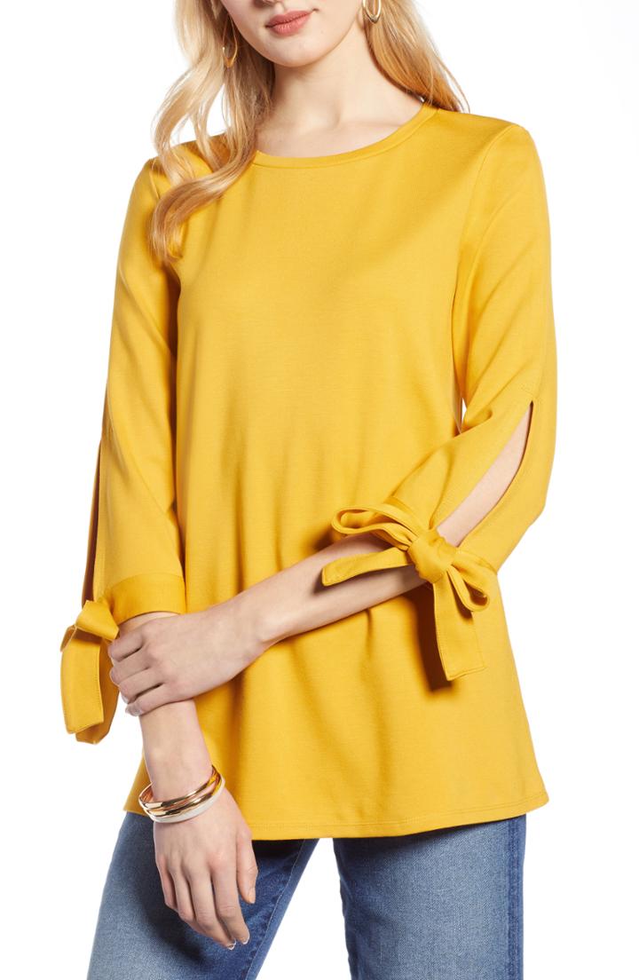 Petite Women's Halogen Ponte Tie Sleeve Tunic, Size P - Yellow