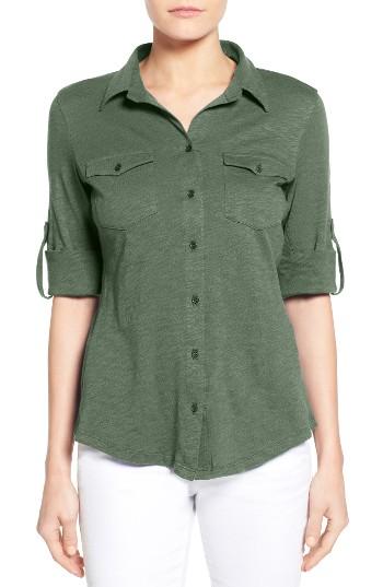 Women's Caslon Roll Sleeve Cotton Knit Shirt - Green