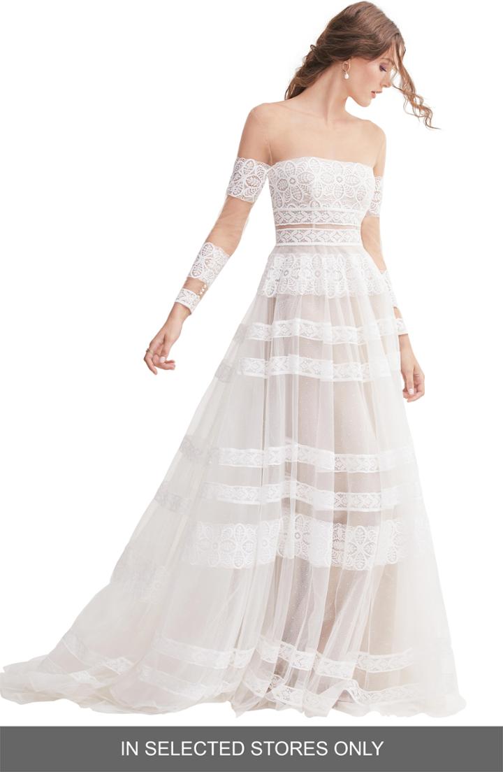 Women's Willowby Lennon Illusion Off The Shoulder Lace & Tulle Wedding Dress, Size In Store Only - Ivory