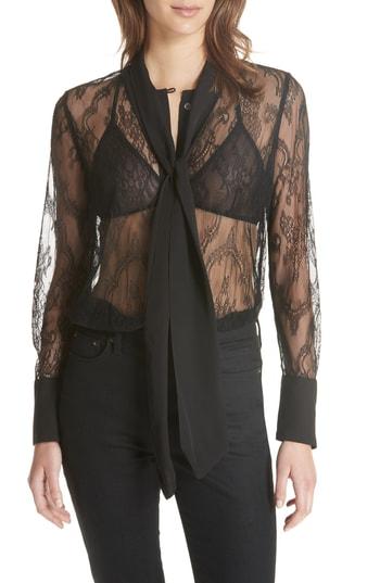 Women's Equipment Luis Tie Neck Sheer Floral Lace Blouse - Black