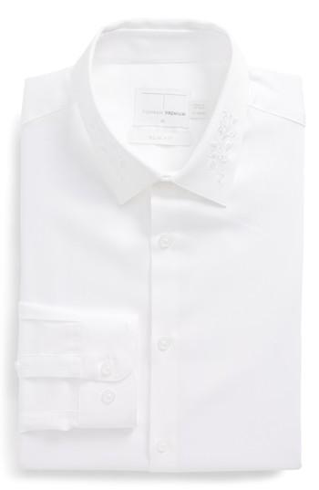 Men's Topman Slim Fit Embroidered Collar Dress Shirt, Size - White