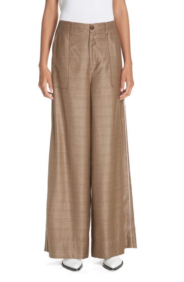 Women's Ganni Merkel Glen Plaid Wide Leg Silk & Wool Pants Us / 38 Eu - White