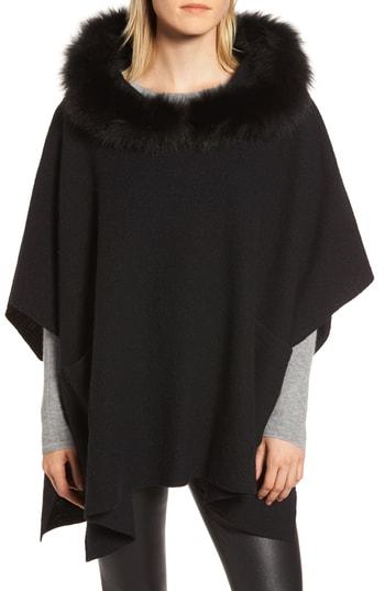 Women's Fleurette Wool Poncho With Genuine Fox Fur Trimmed Hood - Black