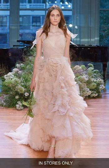 Women's Monique Lhuillier Ballad Surplice Tulle & Organza High/low Gown, Size In Store Only - White