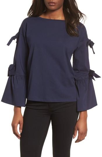 Women's Halogen Bow Sleeve Poplin Cotton Top - Blue