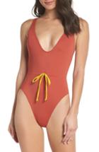 Women's Solid & Striped Michelle Tie Waist One-piece Swimsuit - Brown