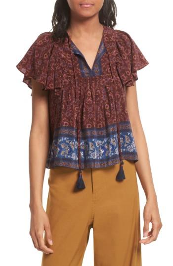 Women's Sea Ruffle Sleeve Silk Top - Red