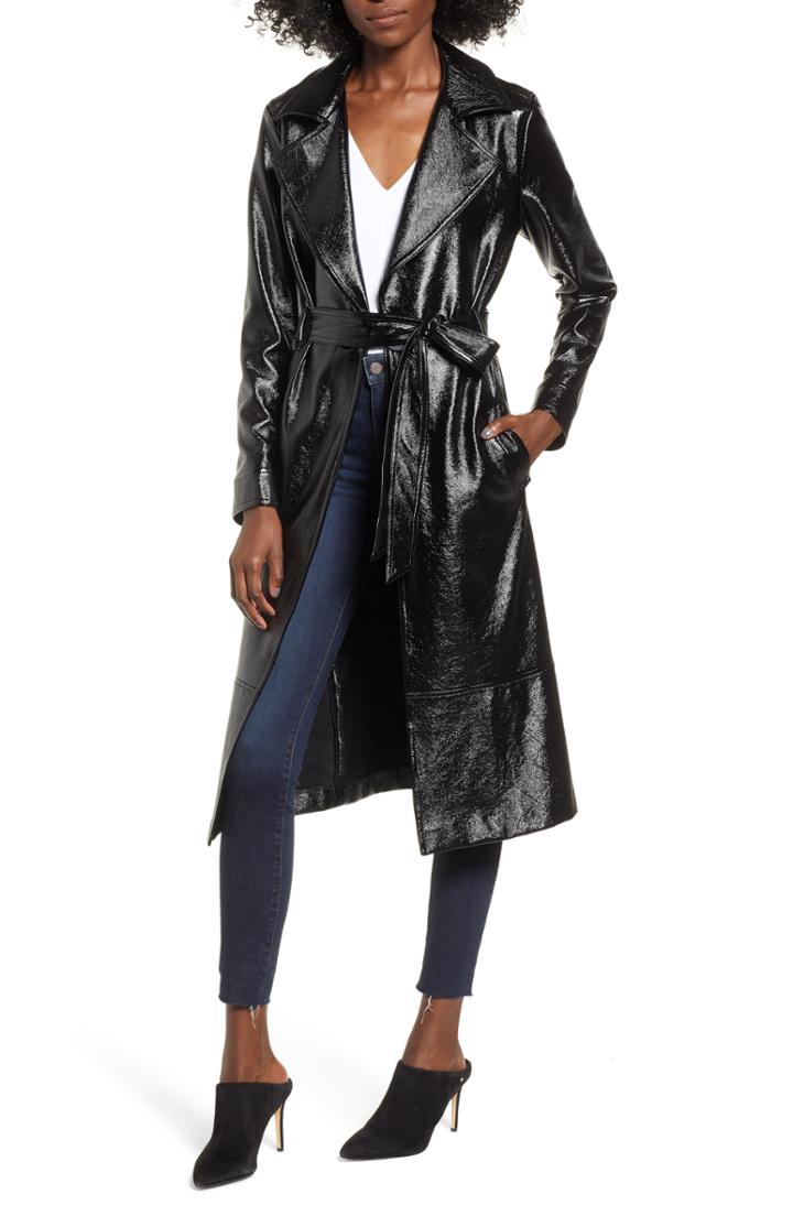 Women's Leith Faux Patent Leather Trench Coat, Size - Black