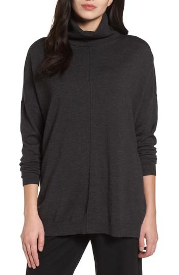 Petite Women's Eileen Fisher Merino Wool Boxy Turtleneck Sweater P - Grey