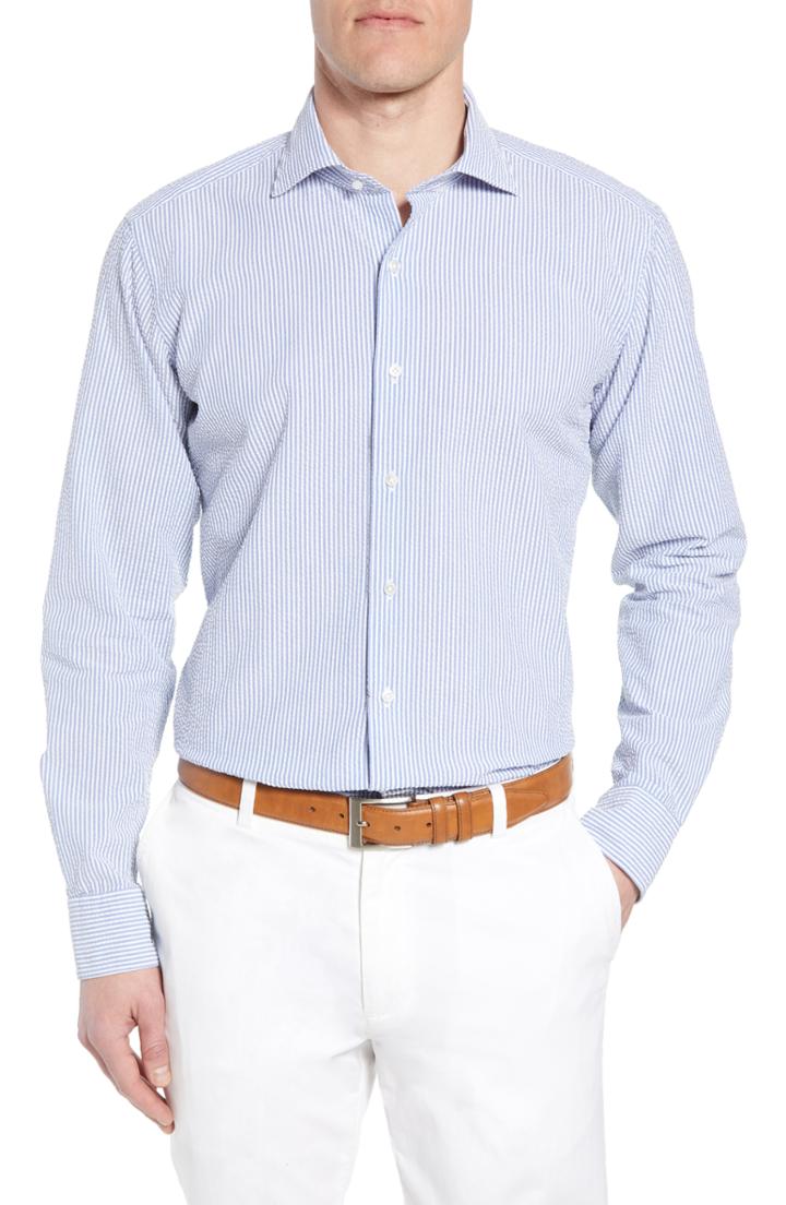 Men's Peter Millar Collection Summertime Stripe Seersucker Sport Shirt, Size - Blue
