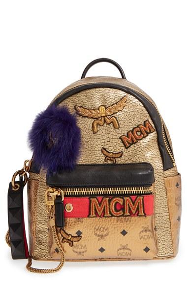 Mcm 'stark Insignia' Metallic Leather Backpack With Genuine Fox Fur Trim -