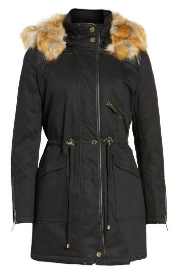 Women's French Connection Mixed Media Parka With Faux Fur Hood - Black