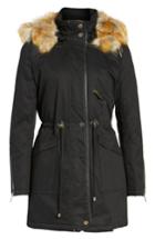 Women's French Connection Mixed Media Parka With Faux Fur Hood - Black