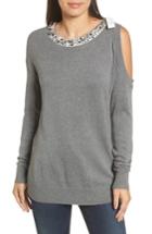 Women's Halogen Embellished Cold Shoulder Sweater - Grey