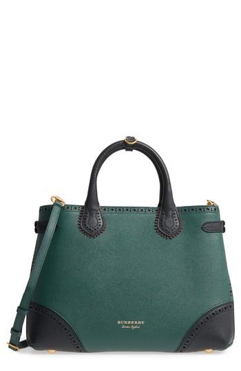 Burberry Medium Banner House Check & Brogue Calfskin Tote - Green