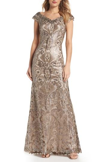 Women's Tadashi Shoji Embroidered Sequin A-line Gown - Metallic