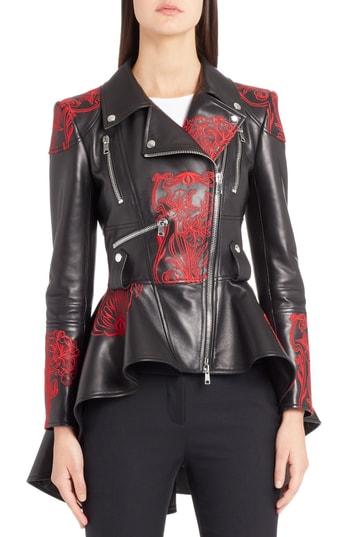 Women's Alexander Mcqueen Embroidered Leather Biker Jacket Us / 42 It - Black