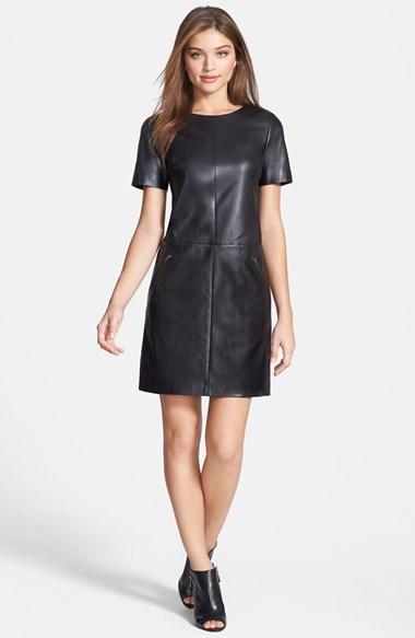 Halogen Leather & Ponte Knit Shift Dress (regular & Petite) Black