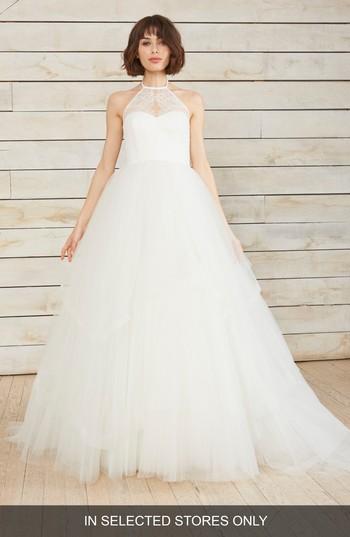 Women's Nouvelle Amsale Hazel Chantilly Lace & Tulle Halter Gown, Size - Ivory