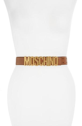 Women's Moschino Logo Leather Belt - Brown With Gold