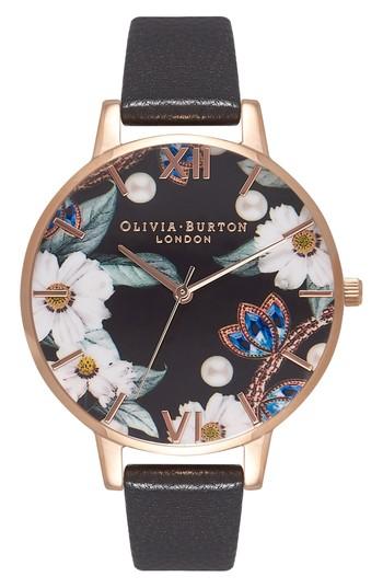 Women's Olivia Burton Bejeweled Florals Leather Strap Watch, 38mm