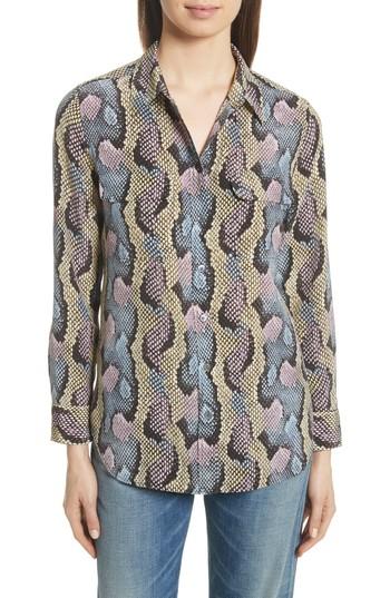 Women's Equipment Slim Signature Python Print Silk Shirt - Blue