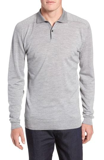 Men's John Smedley Slim Fit Long Sleeve Merino Wool Polo - Grey