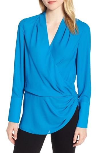 Women's Trouve Long Sleeve Wrap Blouse, Size - Blue