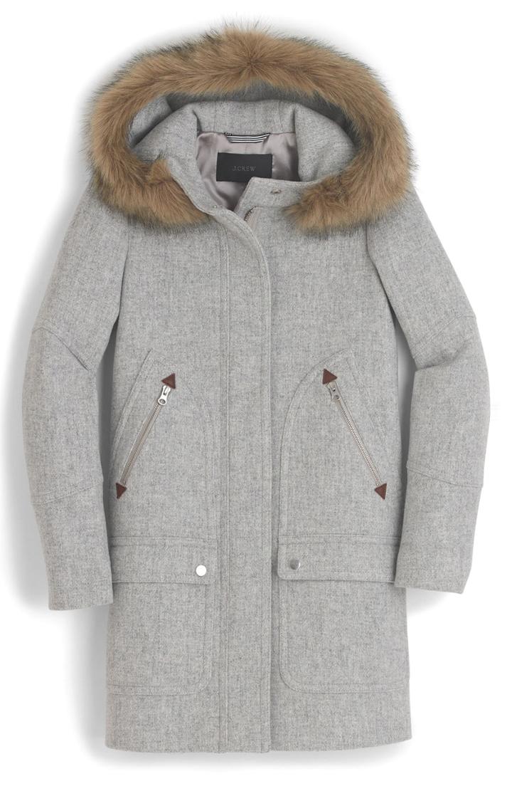 Women's J.crew Chateau Stadium Cloth Parka With Faux Fur Trim (similar To 16w) - Grey