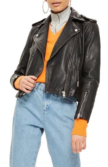 Women's Topshop Strike Leather Biker Jacket Us (fits Like 0) - Black