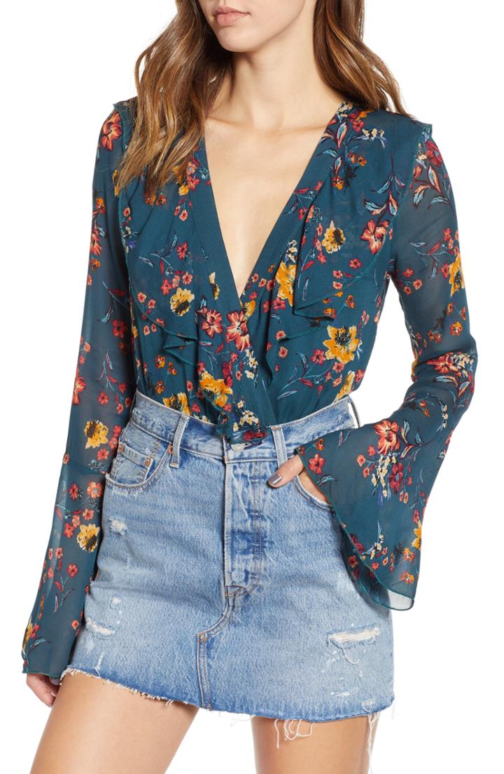 Women's Band Of Gypsies Audrey Floral Ruffle Bodysuit